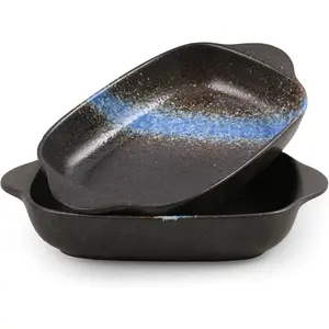 2-Pack Ceramic Au Gratin Baking Dishes with Handles, 8.7" Rectangular Small Casserole Dishes for Oven, Black Blue Glaze Mini Baking Dish Set, 16 oz Individual Serving Bakeware