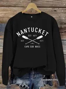 Women's Nantucket Established 1671 Oars Print Crew Neck Sweatshirt, Casual Long Sleeve Pullover for Fall & Winter, Women's Clothes for Daily Wear, Casual Cozy Sweatshirt, Hoodie