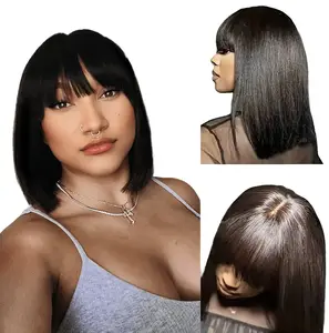 Bob Wig With Bangs Human Hair Straight Bob Bangs Wig Glueless 2.5x1 HD Lace Realistic Look Scalp Blunt Cut Short Cap Ready to Go Wigs for Black Women 180℃ Heat Resistant