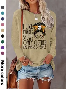 Women's Letter & Skull Print Round Neck Tee, Casual Long Sleeve Crew Neck Pullover for Fall & Winter, Women's Clothes for Daily Wear