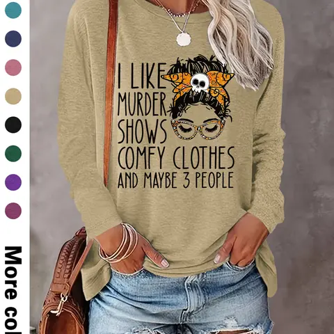 Women's Letter & Skull Print Round Neck Tee, Casual Long Sleeve Crew Neck T-Shirt for Fall & Winter, Women's Clothes for Daily Wear, Graphic Tee
