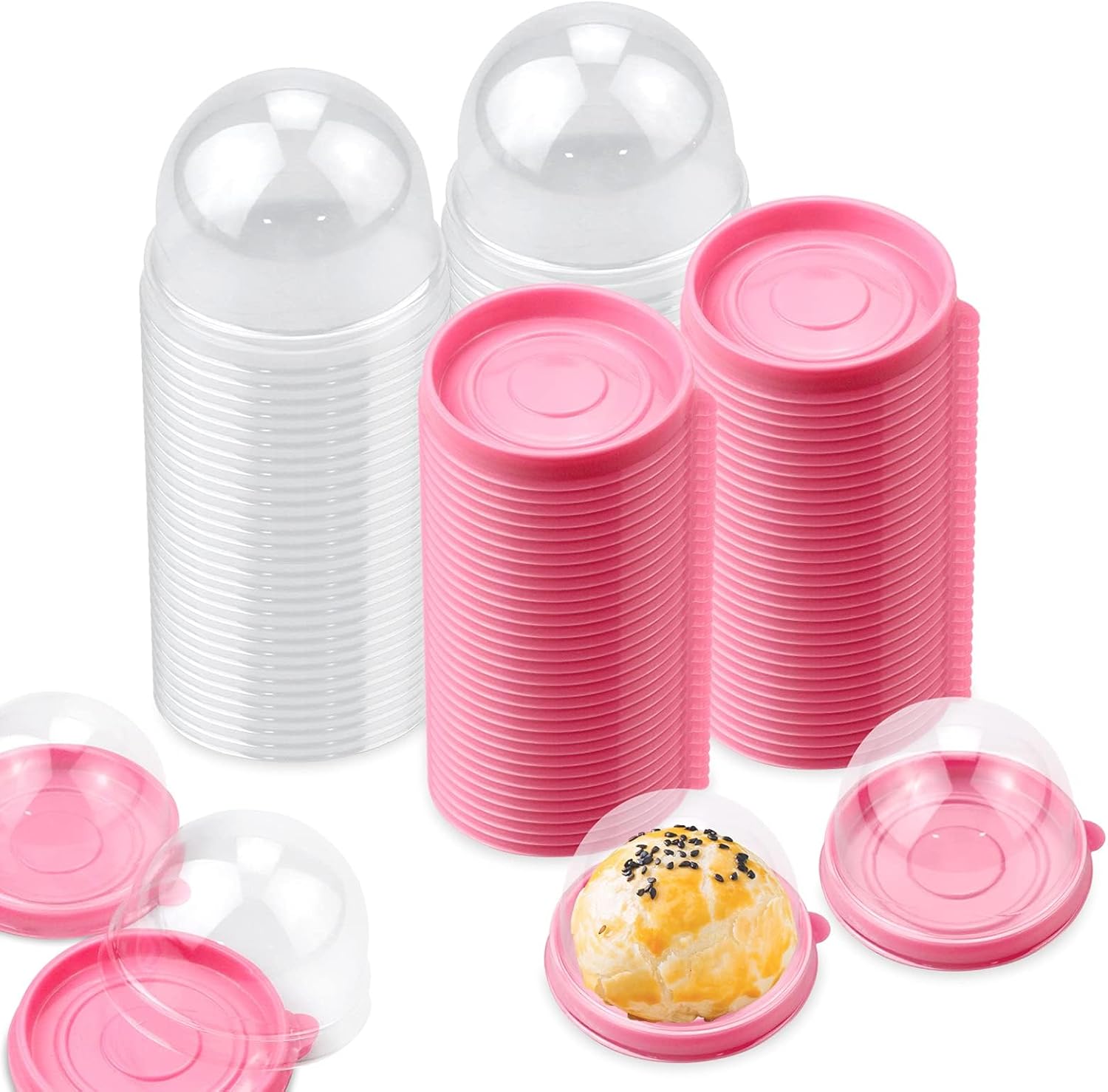 100PCS(50 Bases And 50 Lids) Transparent Plastic Mini Cake Boxes with Dome Lids for Cupcakes And Desserts, Individual Round Top Containers for Cheesecakes And Pastries, Perfect for Birthdays, Weddings, Parties, And Festive Occasions