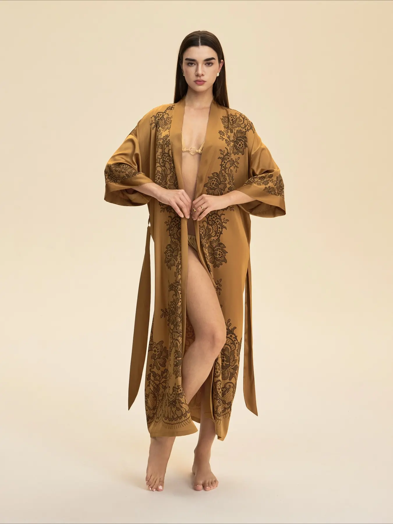 Women Long Kimono Robe Vintage Floral Print Loose Fit Tie Waist for Home Spa and Vacation