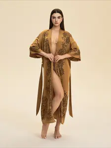Women Long Kimono Robe Vintage Floral Print Loose Fit Tie Waist for Home Spa and Vacation