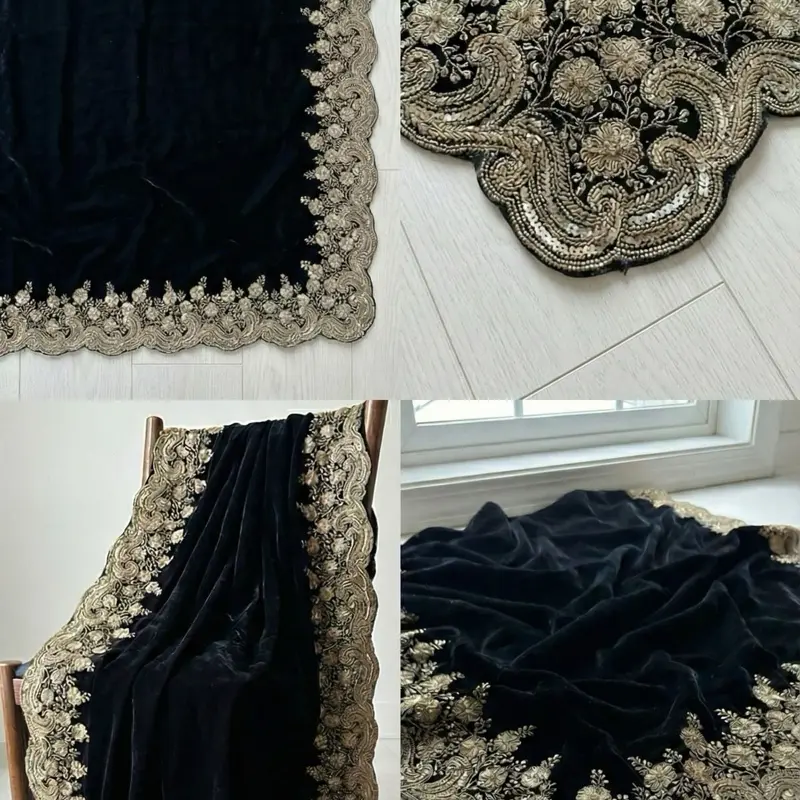 Lady's Black Velvet Shawl - Soft Warm Shawl, Fashionable Scarf, Fringe-Accented Female Fashion Accessory