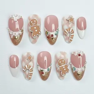 Christmas Gingerbread Press On Nails, Gingerbread Man & Candy Cane Nail Art: Perfect for Christmas Night or a Thoughtful Gift for Her