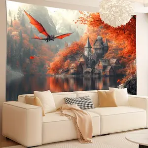Soaring Dragon Over Village Tapestry - Perfect for Living Room, Bedroom, Office & Party Decor |   Ideal Creative Gift