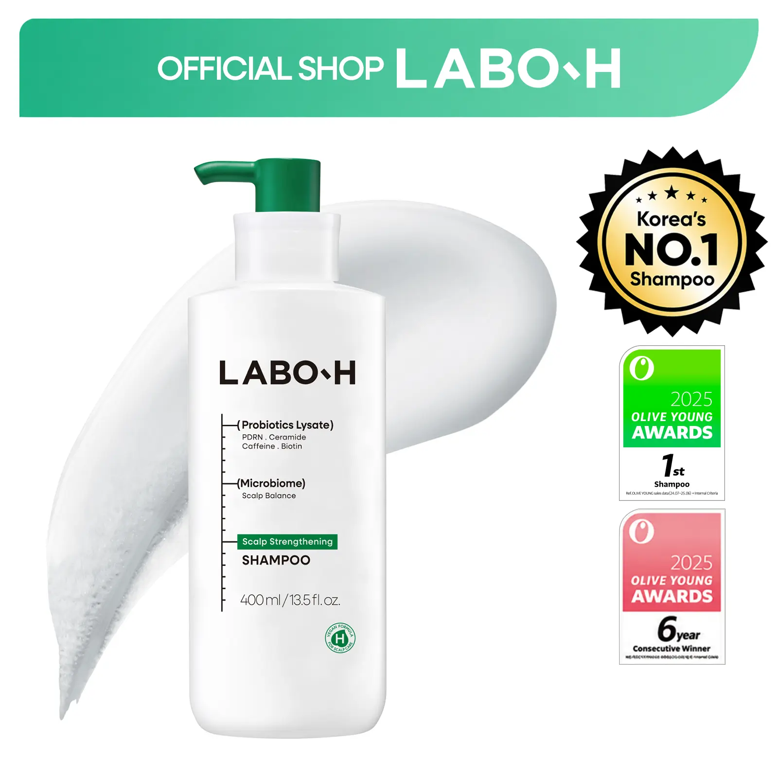 LABO-H Scalp Strengthening Shampoo | PDRN and Biotin for Hair Loss and Hair Growth | Korean Haircare | Silicone-Free Vegan