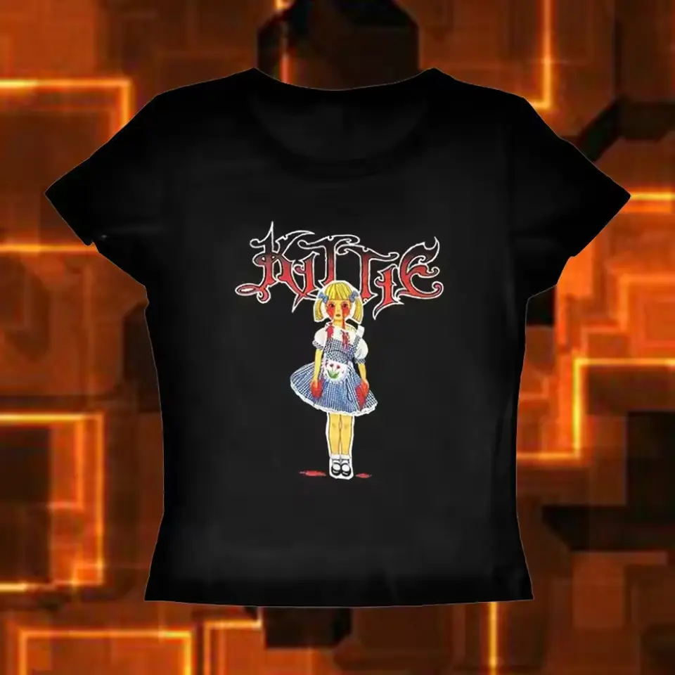 90s Kittie Band Rock Baby Tee, Punk Emo Girl, Streetwear Crop Tops Y2K Style Clothes, Gothic Print S*xy Tees, Y2k Clothes, Vintage Women's Slim Cute Baby Tees, Streetwear Emo, Emo Gothic Baby Tee, Outfits, Downtown Girls, Gift For Her