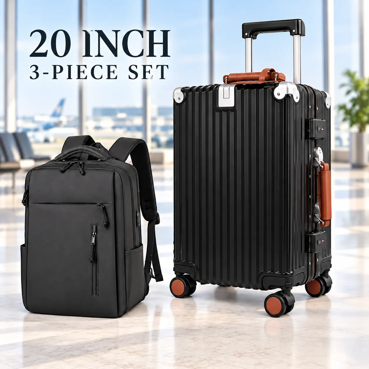3-Piece Carry-On Luggage Set, 20 in with Expandable Travel Backpack, Laptop Compartment and TSA Lock