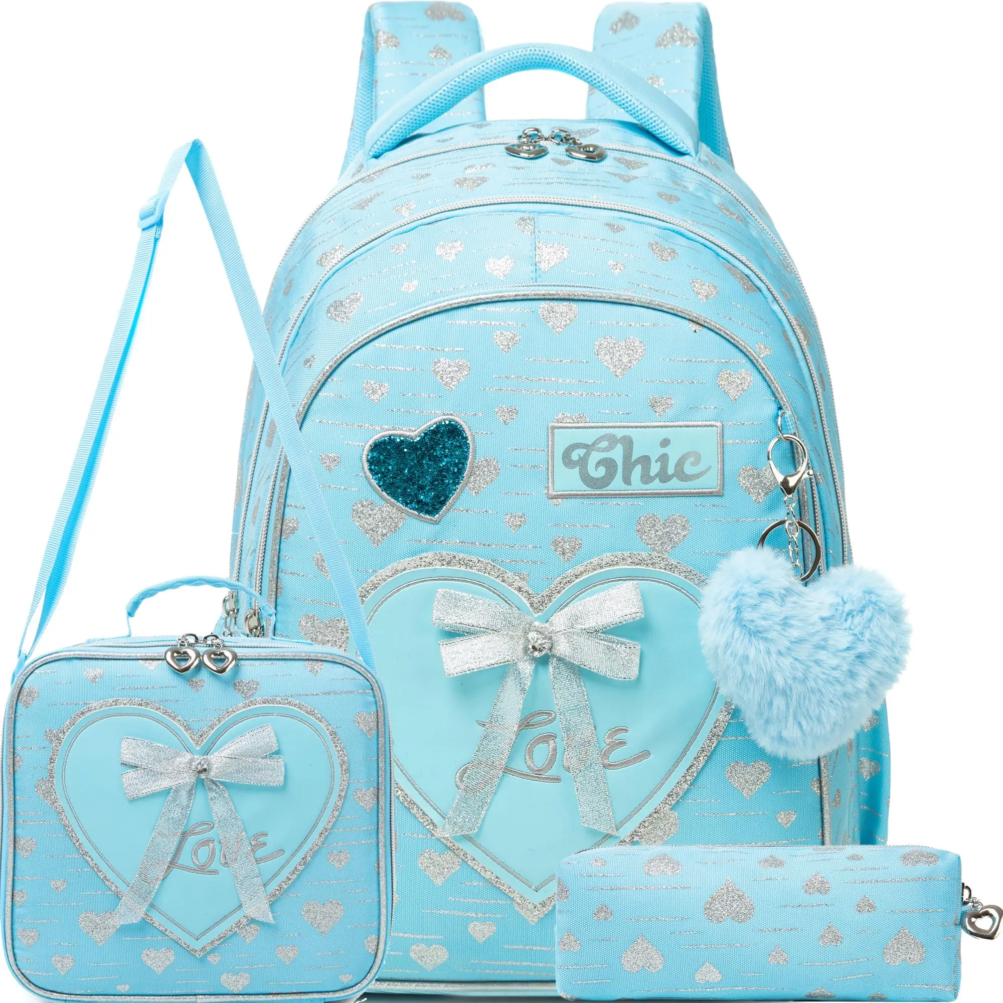 Girls' 3-Piece Durable Nylon Sky Blue Pattern Backpack Set - Back to School Haul, School Days Princess Elegant Ergonomic Daypack with Lunch Box, Pencil Case, Crossbody Bag, Cute Glitter Heart Zip Graphic, Lightweight, Hand Wash Only