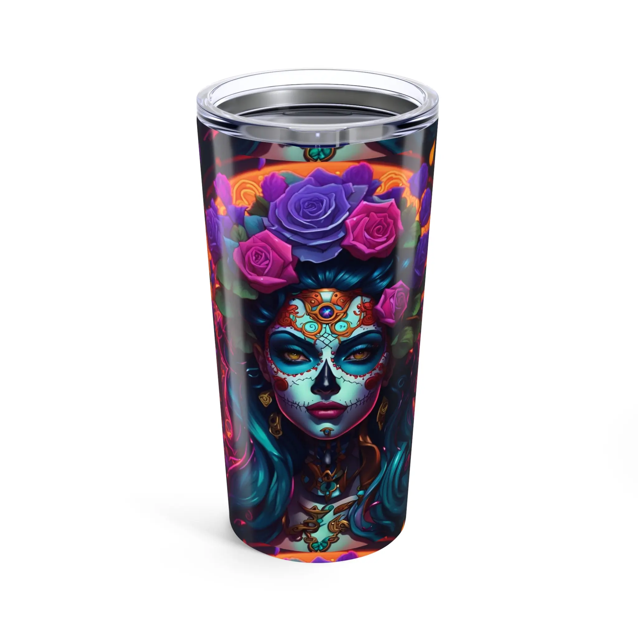 Day of the Dead Tumbler - Colorful Sugar Skull Travel Mug, Halloween Gift, Personalized Coffee Cup, Floral Design Drinkware