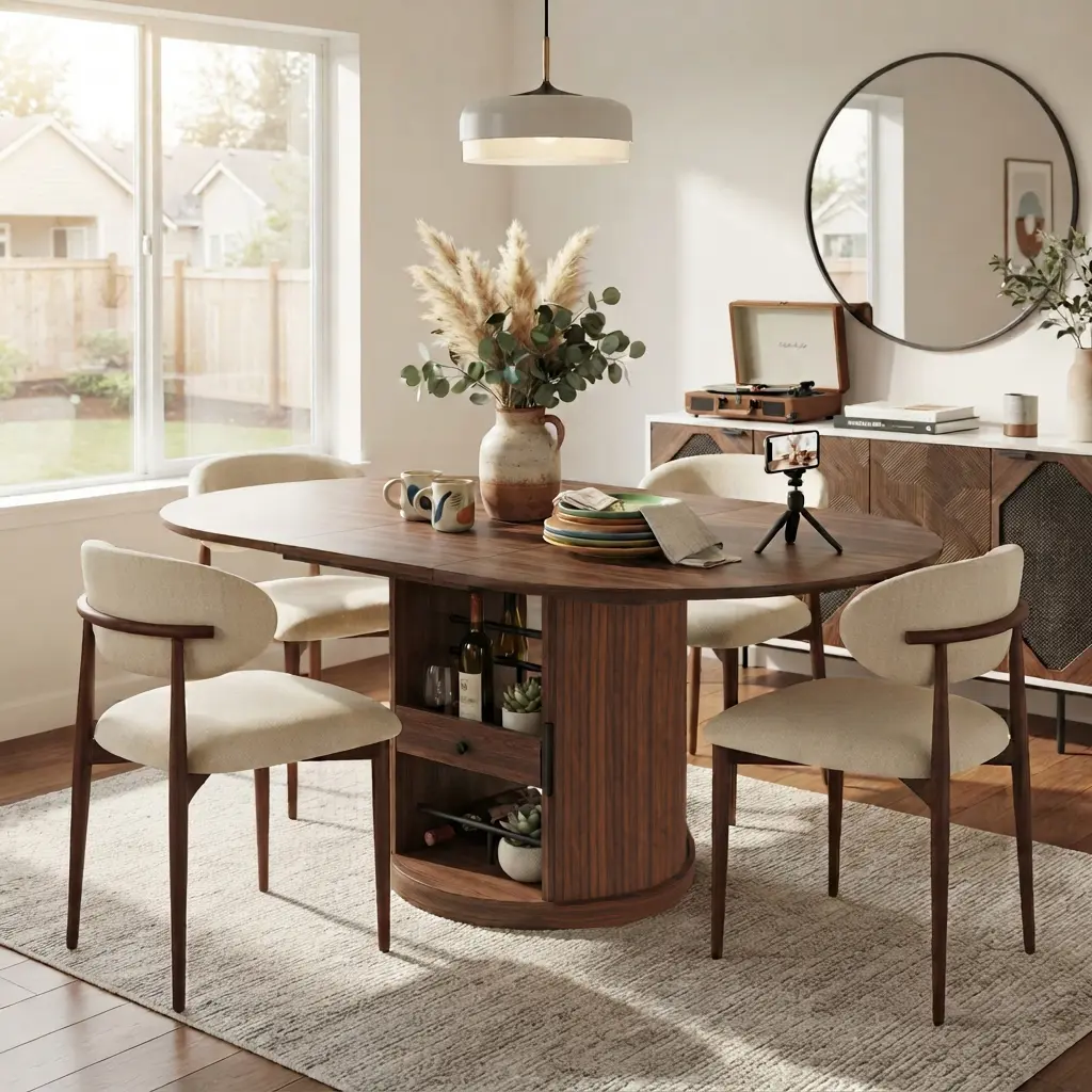 Boho 47-59" Oval Extendable Dining Table with 2-Tier Storage, Seats 4-6, Space Saving Expandable Kitchen Table for Dining Room, Apartment, Walnut Brown
