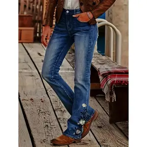 Women's Fashion Embroidered Jeans, Elegant Style, Floral Design, Casual Denim Pants, Full Length, Blue
