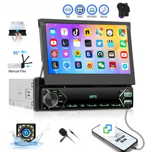 RIMOODY Single Din Flip Out Car Stereo Bluetooth 7 Inch Retractable Touch Screen Car Radio 1 Din Mirror Link FM EQ USB Type-C AUX SWC MP5 Multimedia Player with Backup Camera, NO Carplay