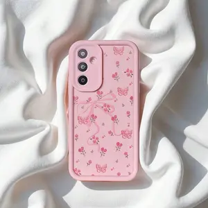 1pc Pink Floral Bow Creative Personalized Cute Cartoon Delicate Flower Butterfly Painted Soft Phone Case, Frosted Pink Lens Frame Stepped Design Full Protection Anti-Drop, Compatible With Samsung/Galaxy
