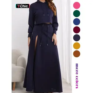 Women's Solid Drawstring Hoodie & Split Thigh Skirt Set, Elegance Long Sleeve Top & Pocket Long Skirt, Casual Fashion Cozy Co-ord Set, Women Clothes, Fall outfit, Womenswear