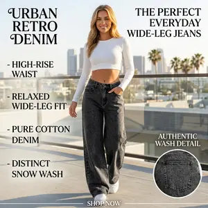 Black wide-leg women's jeans, high-waisted, slimming, with a drapey, floor-length design