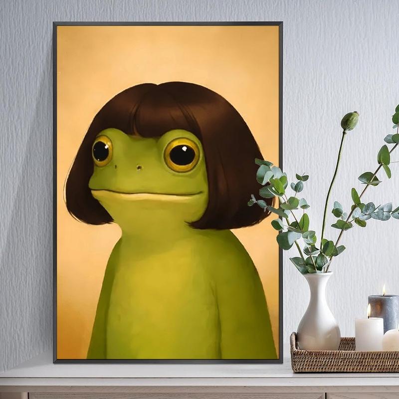 wooden frame Whimsical Frog Portrait Art With Bob Haircut (Frame)- Funny Animal Wall Art Poster Black Or Gold Framed Acrylic Wall Hanging Painting Canvas Painting Wall Painting Canvas Poster Decorative Painting Hallway Home Decoration
