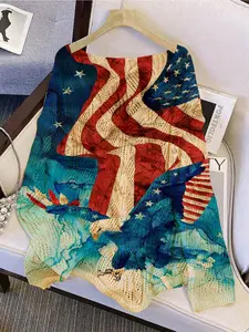 Women's Independence Day Element Print V-Neck Sweater, Casual Long Sleeve Knitwear, Breathable, Hollow Out Design, Spring Summer Fall