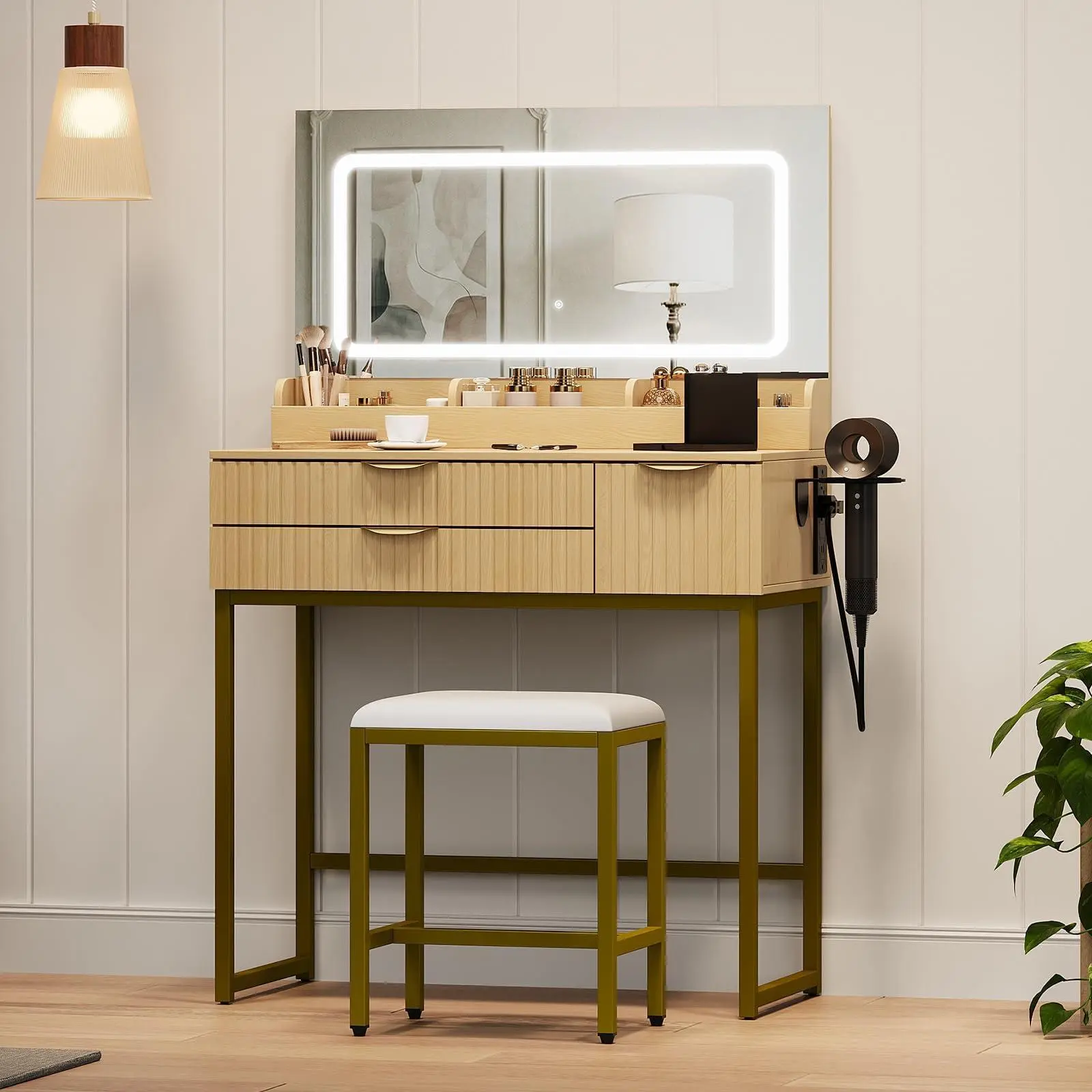 LED Lighted Vanity Desk with Glass Top, 3-Color Dimmable Mirror Built-in Power Outlet 3 Drawers Hair Dryer Rack and Stool for Bedroom, Natural Wood