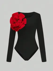 Women's Solid Color Long Sleeve Round Neck Jumpsuit, Sexy Slim-Fitting One-Piece, Regular Length, Spring & Fall Fashion