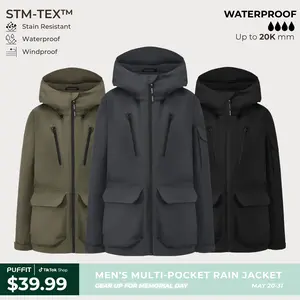 PUFFIT STM-TEX Men’s Multi-Pocket Raincoat,Offering Waterproof,Stain-resistant,Windproof Properties,With 20,000mm Water Column For High Waterproof Performance,Shell Jacket,Spring Jacket,Windbreaker,Dog Walking,School Running,Football Mum