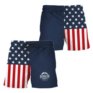 Buschhh Light American Flag Beach Shorts Men Women Patriotic Navy Swim Trunks 4th July Summer Casual Loose Boardshorts Beer Party Tailgate Festival Streetwear USA Pride