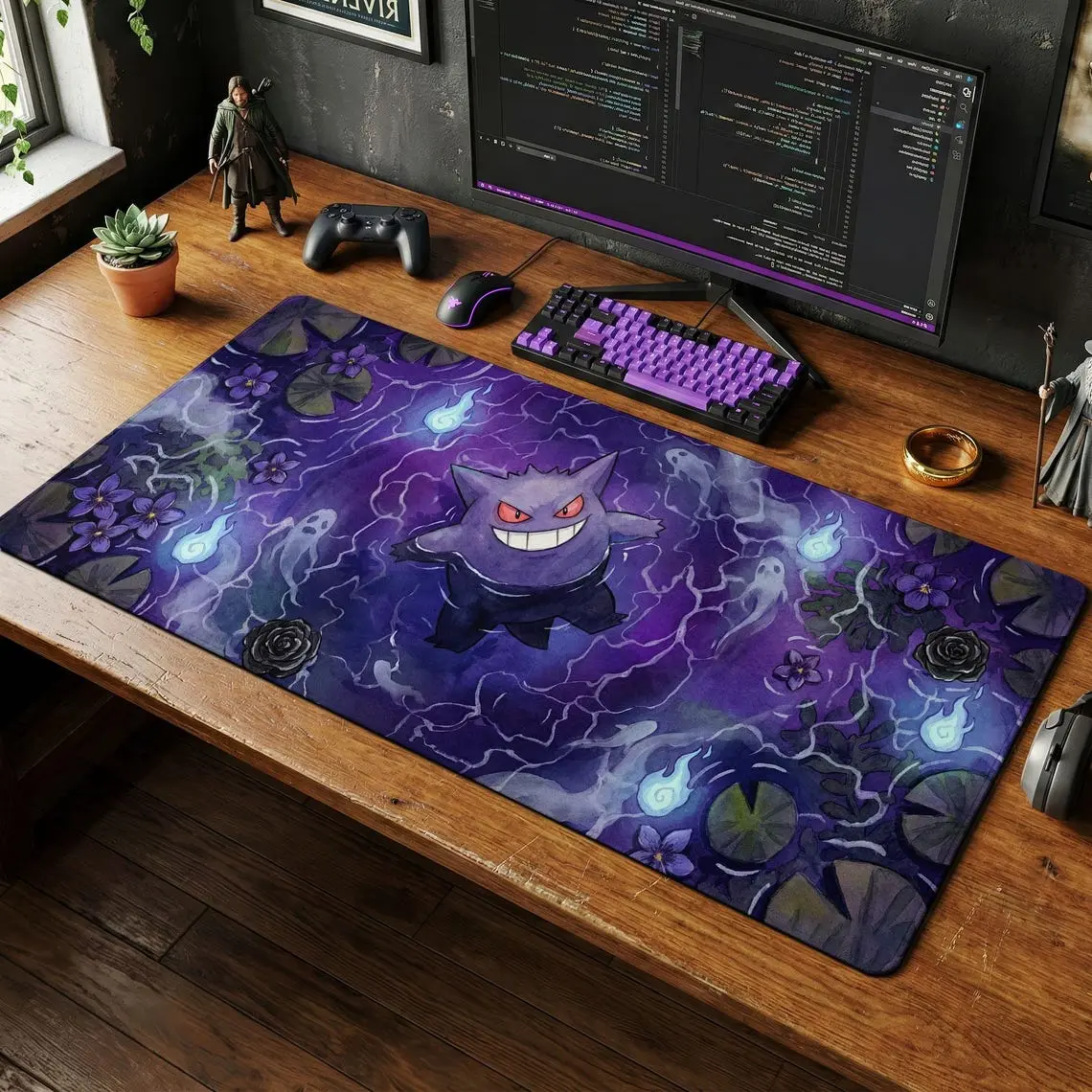 Gengar Watercolor Desk Mat, Dark Gothic Gaming Mouse Pad, Purple Ghost Keyboard Mat