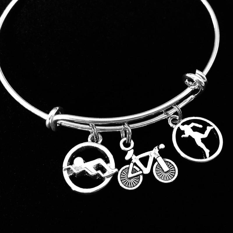 Triathlon Charm Bracelet – Silver Expandable Bangle with Swim, Bike & Run Charms – Athlete Jewelry Gift for Runners, Cyclists & Swimmers