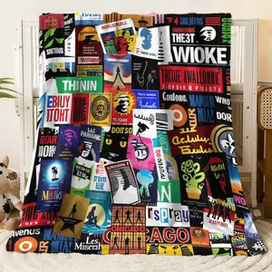Vintage Musical Collage Flannel Blanket - Artistic Graphic Printed Throw with Colorful Broadway & Pop Culture Elements, Soft Cozy Plush Blanket for Bed Couch Sofa, Warm Decorative Blanket for All