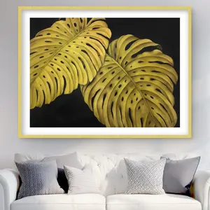 212 MAIN 36x48 in. Framed Matted Gold Monstera Leaf Nature Design Print, Artistic Style Decorative Gold Decor Wall Art for Bedroom Home Decor, Artistic Style Prints, Decorative Frame Prints