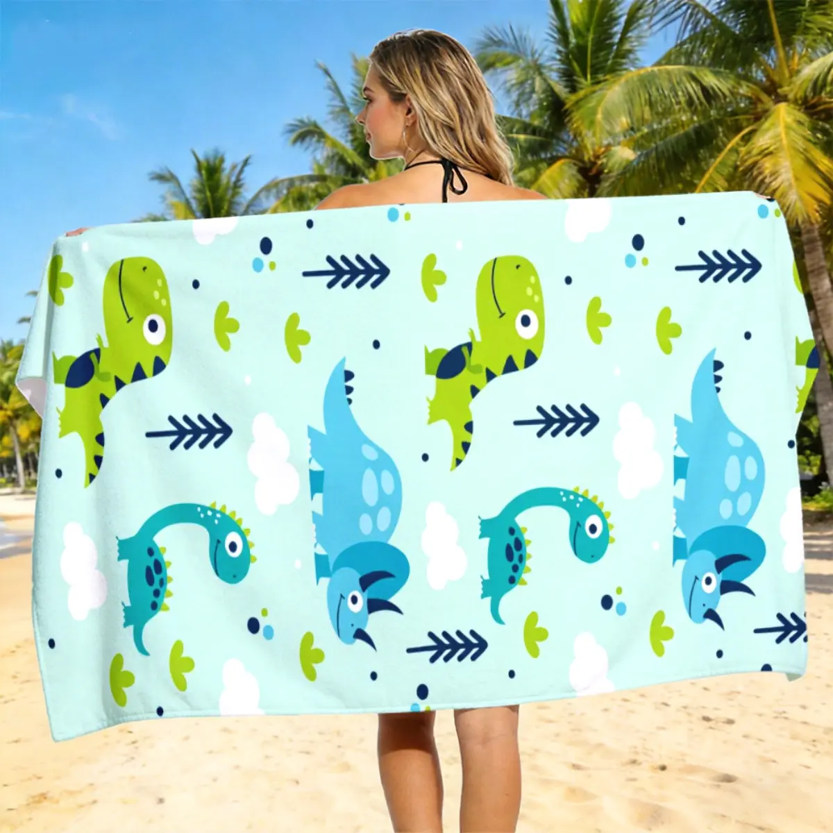 1pc Cartoon Dinosaur Pattern Quick Dry Polyester Beach Towel Unisex for Men Women Absorbent Soft Lightweight Portable Suitable for Beach Camping Swimming Diving Surfing Travel Essential Easter Gift Summer Gift Birthday Gift