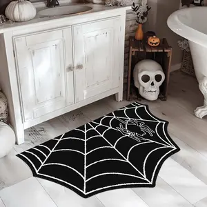 Dark Spider Web Rug for Entryway, Thick Soft Plush Mat for Bathroom Halloween Decor, Comfortable Carpet for Living Room Bedroom