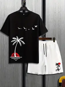 Men's Landscape Print Sleep Tee & Drawstring Shorts Pyjamas Set, Regular Fit Round Neck Short Sleeve T-Shirt & Elastic Waist Shorts PJ Set, Casual Comfy Men's Sleepwear & Loungewear Set for All Seasons, Nightwear, Pajama Set