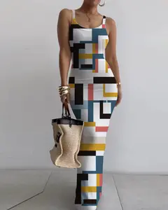 Women's Gingham Dress, Women's Random Print Bodycon Dress, 1 Piece Casual Sleeveless Long Dress for Beach Holiday Vacation, Lady Casual Wear, Comfort Summer Clothes Women, Ladies Summer Clothes