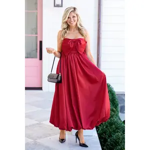 Solid Strapless Bubble Hem Midi Dress with Bow