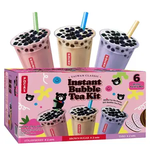 Pocas Bubble Tea Kit, Variety 6-Pack Party Set – Strawberry, Taro, and Brown Sugar with Tapioca Pearls, Milk Powder, Cups, Paper Straws, 17.9 Oz