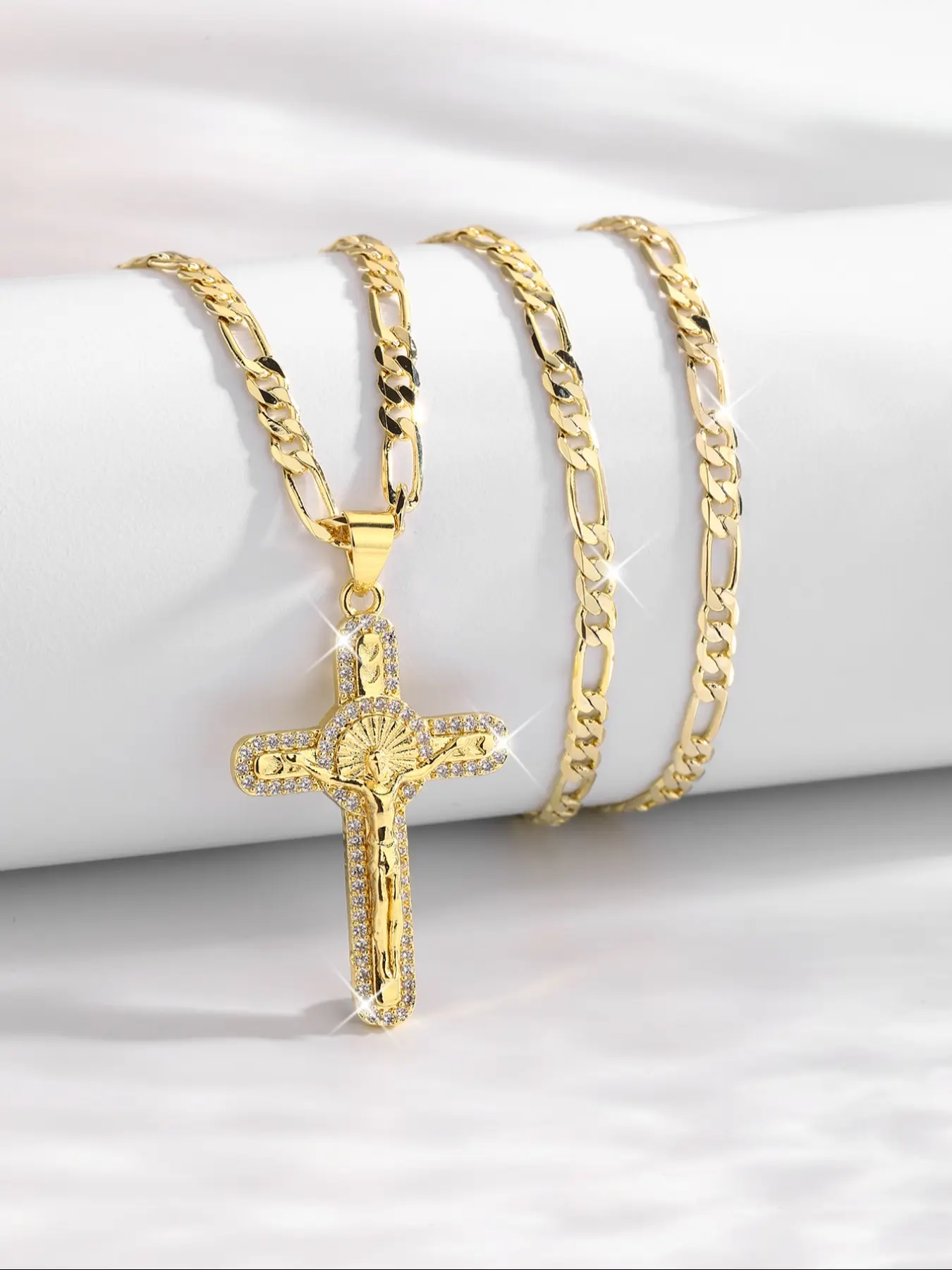 Vintage Zircon Jesus Crucifix Pendant Necklace, Cross Pendant Necklace, Cross Design Necklace, Fashion Hip Hop Party Brass Plated Jewelry, Daily Wear, Birthday Gift, Religious Necklace