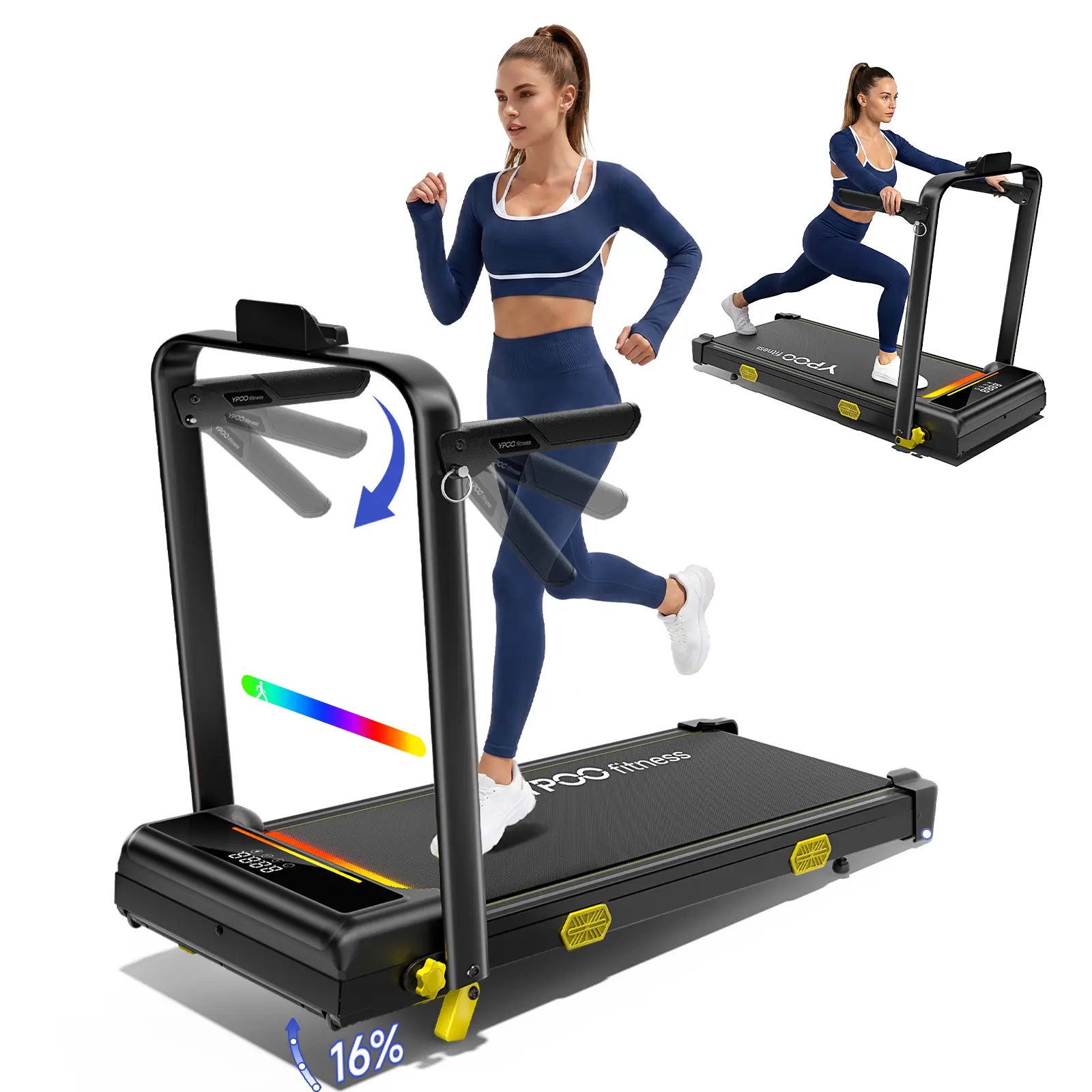 YPOO 16% Incline Walking Pad Treadmill with APP, Dynamic RGB Light Strip, Side Handrails & Foldable Design,Compact Foldable Fitness Equipment for Home Gym, Apartment, Office, Treadmills For Home, Compact Incline Treadmills