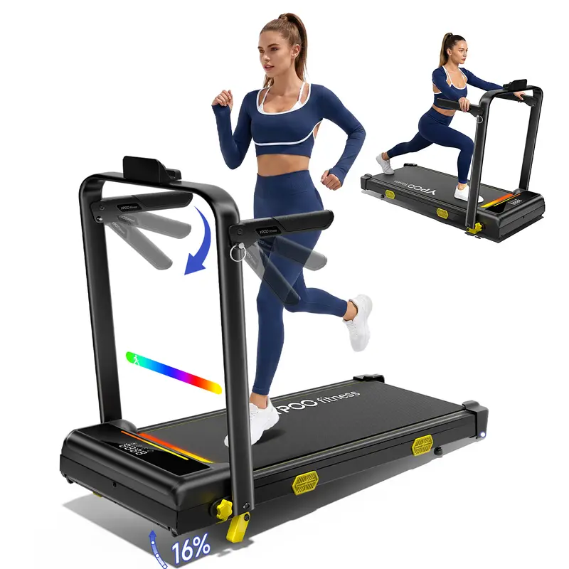 YPOO 16% Incline Walking Pad Treadmill - Adjustable Foldable Compact Space-Saving Home Fitness Equipment with APP, Dynamic RGB Lights, Armrest (Adjustable Foldable Treadmills for Small Spaces)