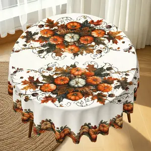 1pc Pumpkin Maple Leaf Lace Print Tablecloth, Round/square/rectangle Options, Autumn Harvest Thanksgiving Style, Vintage Country Dining Decor