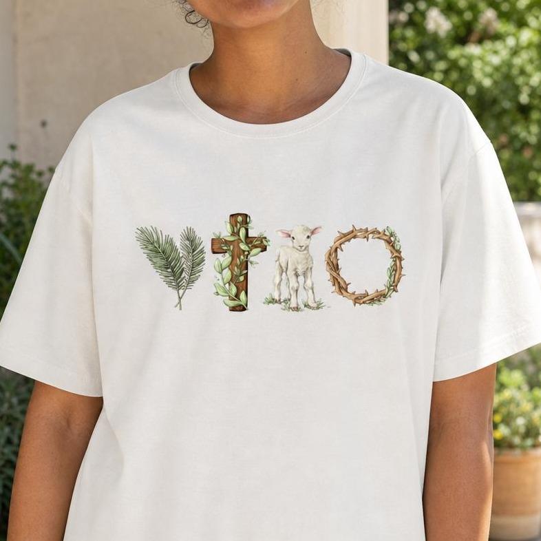 Lady's Plus Size 100% Cotton Short-Sleeve Round Neck Christian Faith Tshirt - Watercolor Art Graphic Print Holy Week Easter Symbols Casual Top