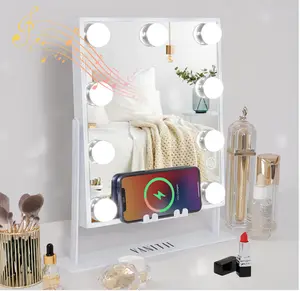 【Mother's Day Gift】VANITII LED Vanity Mirror, Lighted Makeup Mirror with Touchscreen, with Lights Bluetooth Speaker Wireless Charger Light Up Makeup Mirror with 9 Bulbs for Tabletop Detachable 10X Magnifying, White, Suitable for Both Men and Women