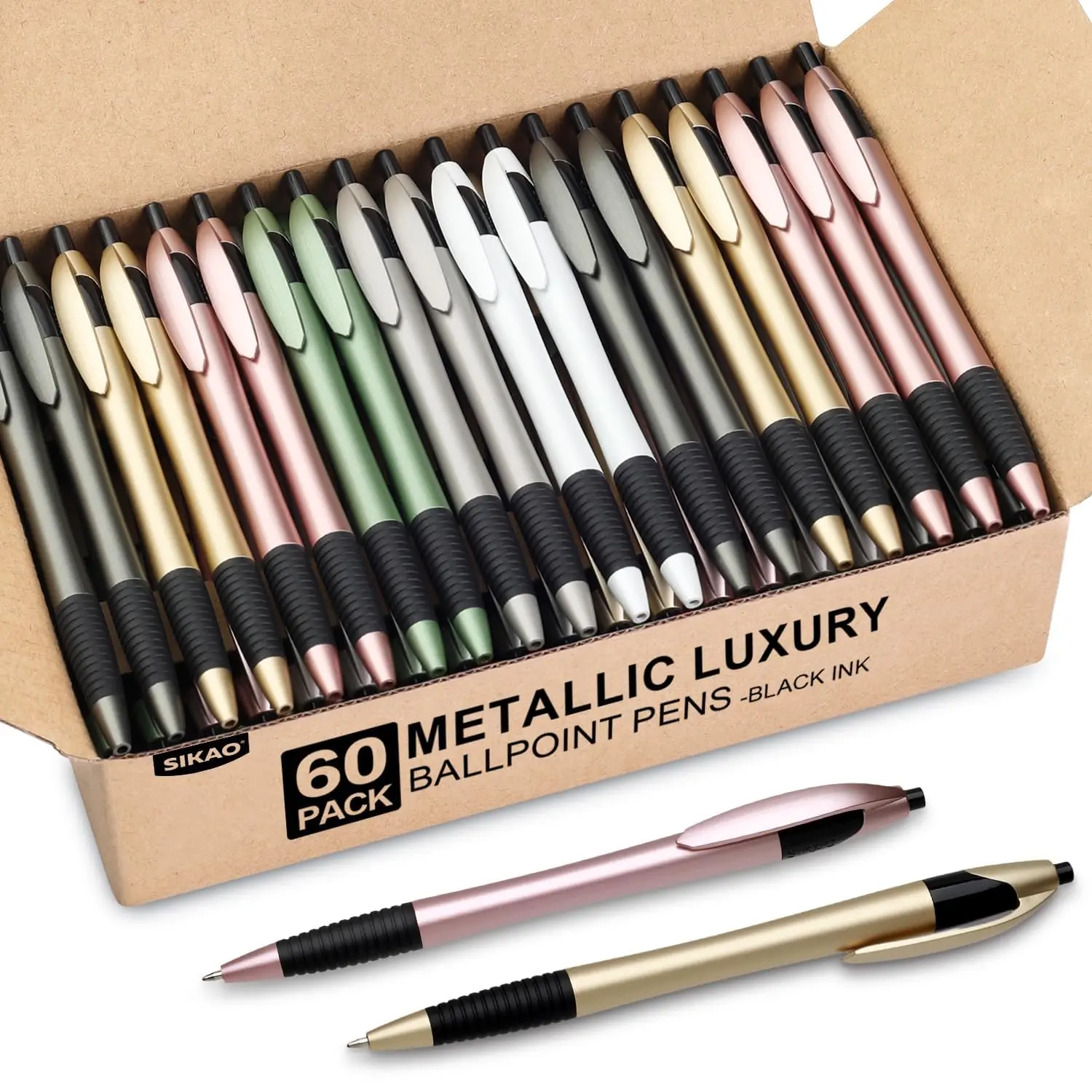 Sikao Luxe Pens Bulk, 60 Pack Metallic Gripped Slimster Ballpoint Pens, Black Ink 1.0mm Medium Point, Aesthetic Metallic Finish Office Pens for Teachers, Students, Front Desk & Corporate Gifting