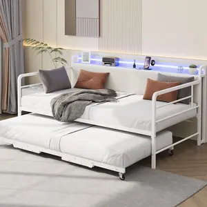 White Daybed with Trundle Bed, Twin Bed Frame with Corduroy Upholstered Storage Headboard & Charging Station and LED Light, Heavy Duty Metal Day Bed Pop Up Trundle Bed for Living Room,Bedroom