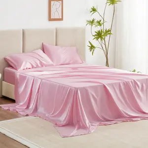 Satin Queen Sheets and  Pillowcases Set - Pink Silky Bed Sheets Set with Deep Pocket, Luxury Silk Feel Satin Queen Size Sheet Set (1 Flat Sheet,1 Fitted Sheet,2 Pillow Cases)