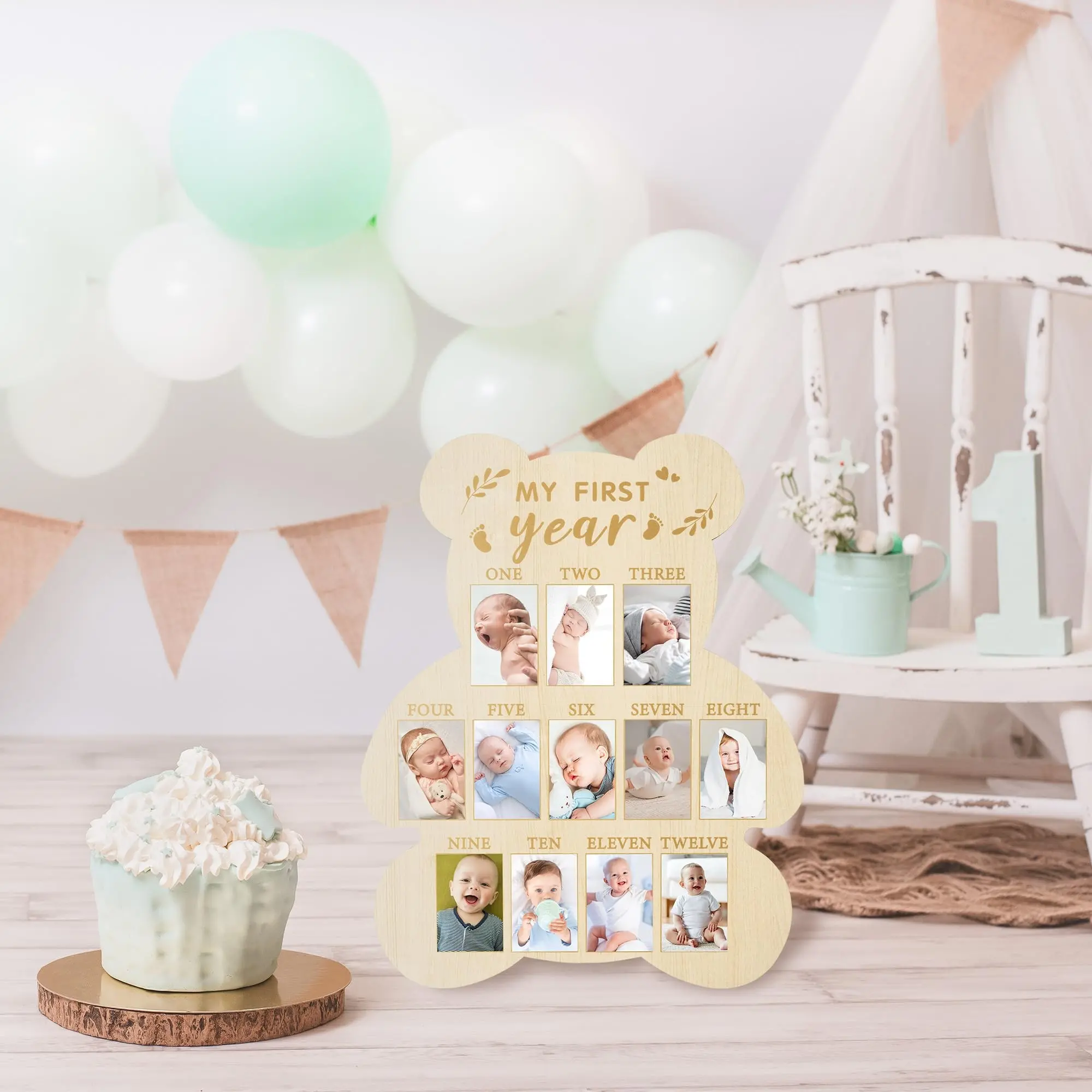 Baby First Year Photo Frame Bear Shape, Wooden Display Board for 1-12 Months Growth Record, Wall Hanging Memorial Picture Frame Decor, Wood Frames