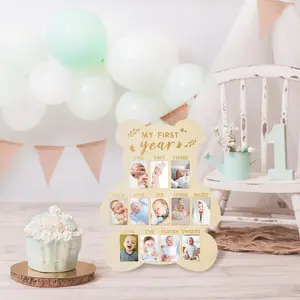 Baby First Year Photo Frame Bear Shape, Wooden Display Board for 1-12 Months Growth Record, Wall Hanging Memorial Picture Frame