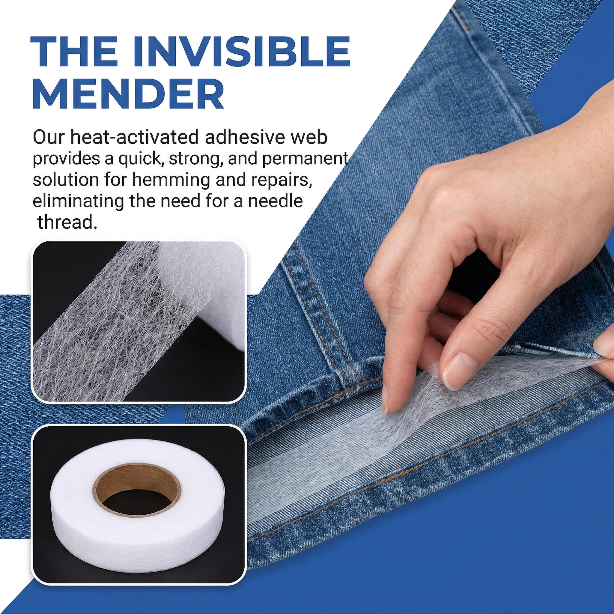 Iron-On Hem Tape, Double-Sided Fusible Bonding Web, No-Sew Fabric Adhesive Roll for Hemming Jeans, Pants, Curtains & DIY Crafts, Extra Long Length, Strong Adhesion, Easy Instant Fabric Repair & Hemming Solution